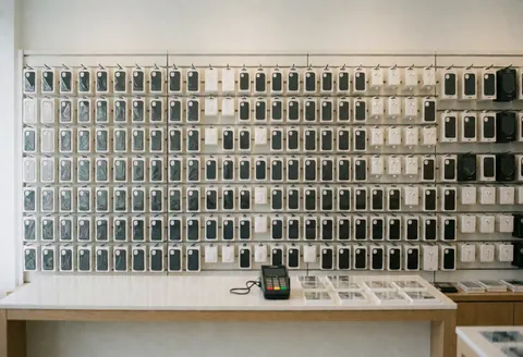Intérieur d'un magasin de technologie affichant une paroi remplie de boîtes de téléphones neufs et un terminal de paiement sur le comptoir.