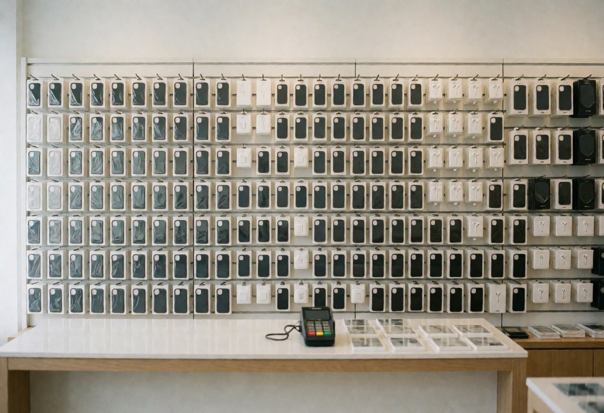 Intérieur d'un magasin de technologie affichant une paroi remplie de boîtes de téléphones neufs et un terminal de paiement sur le comptoir.