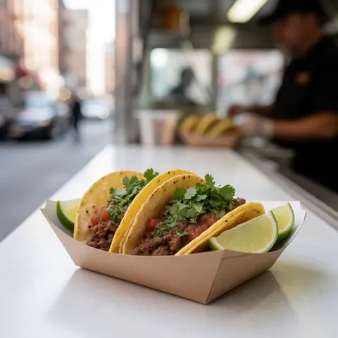 Tacos de viande garnis de coriandre et de citron servis dans une boîte en papier, posés sur un comptoir blanc, en gros plan.