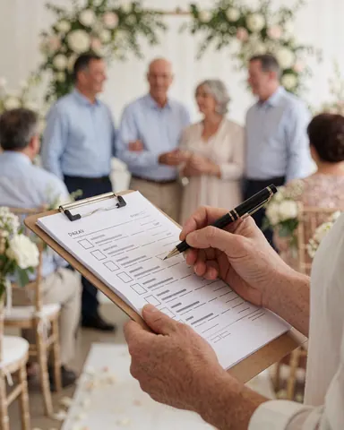 Une main écrit sur une liste de contrôle lors d'une cérémonie de mariage avec des invités en arrière-plan flou.