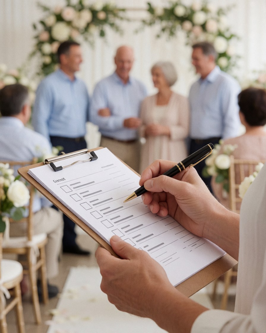 Une main écrit sur une liste de contrôle lors d'une cérémonie de mariage avec des invités en arrière-plan flou.