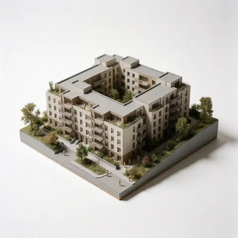 Modèle réduit d'un bâtiment d'habitation moderne avec jardins, arbres et silhouettes humaines sur fond blanc.