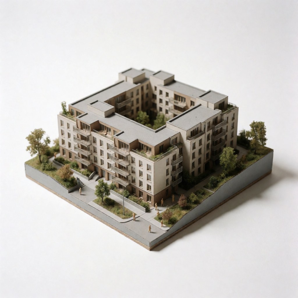 Modèle réduit d'un bâtiment d'habitation moderne avec jardins, arbres et silhouettes humaines sur fond blanc.