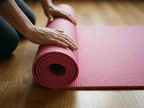 Une femme adulte fait rouler un tapis de yoga rose sur un sol en bois clair à l'intérieur d'une maison.