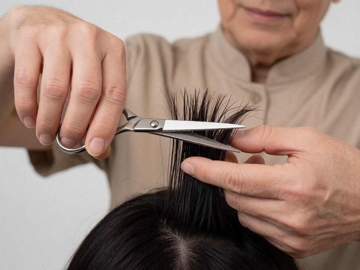 Un coiffeur coupe les cheveux d'une cliente à l'aide de ciseaux professionnels dans un salon de coiffure.