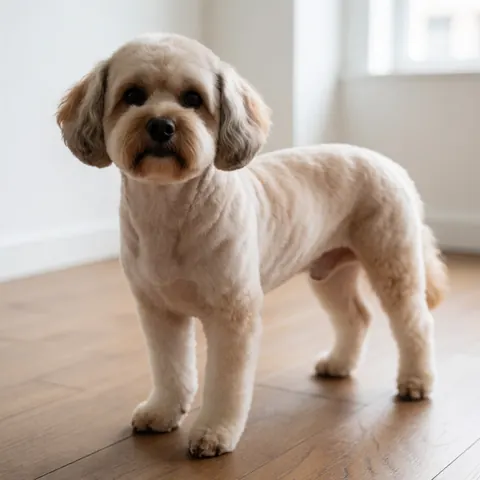 Un chien de taille moyenne au pelage clair, debout sur un sol en bois clair dans un intérieur bien éclairé.