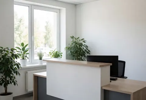 Vue large d'une réception de bureau moderne avec un comptoir en bois, une fenêtre laissant entrer la lumière naturelle et des plantes vertes.