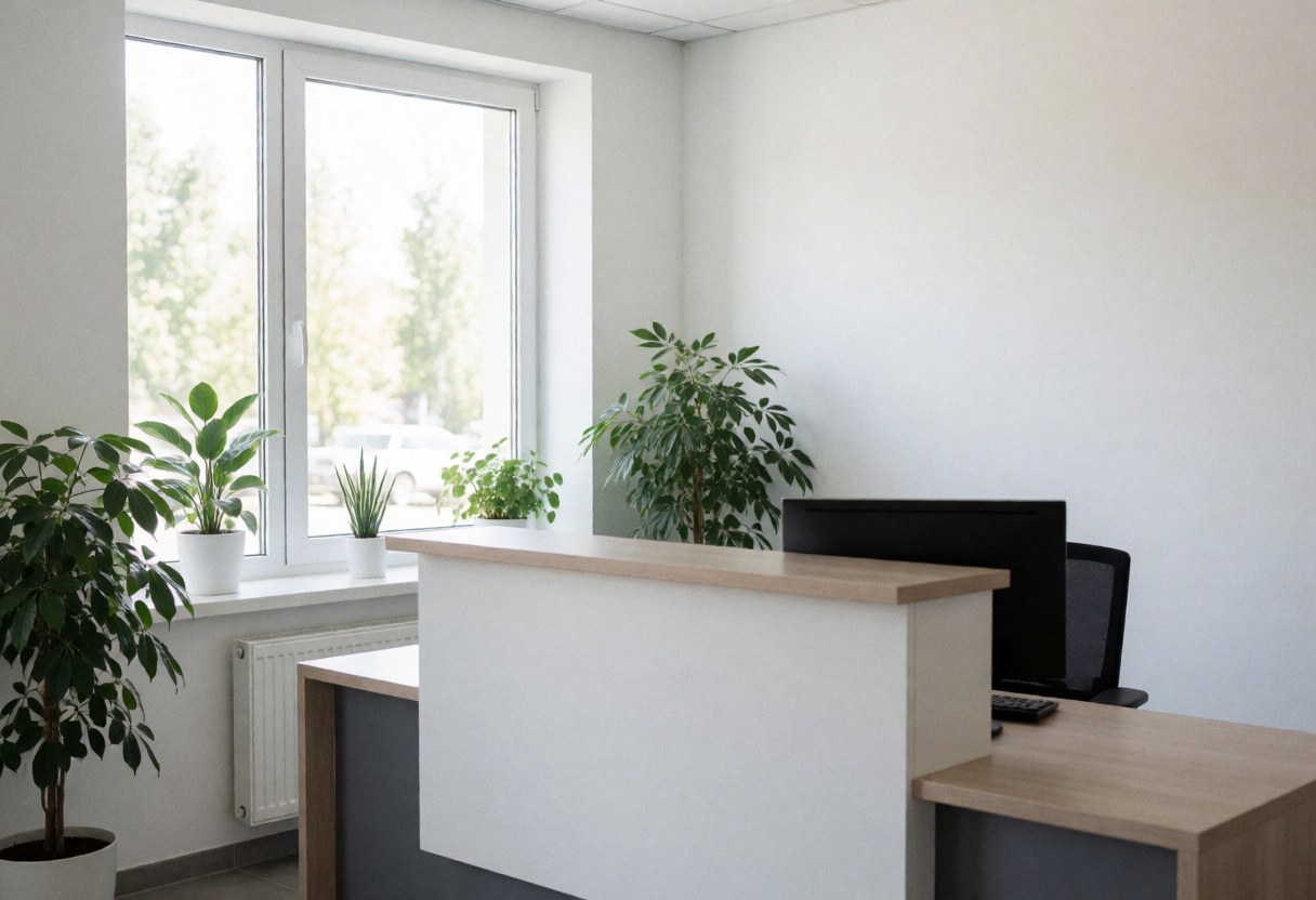 Vue large d'une réception de bureau moderne avec un comptoir en bois, une fenêtre laissant entrer la lumière naturelle et des plantes vertes.