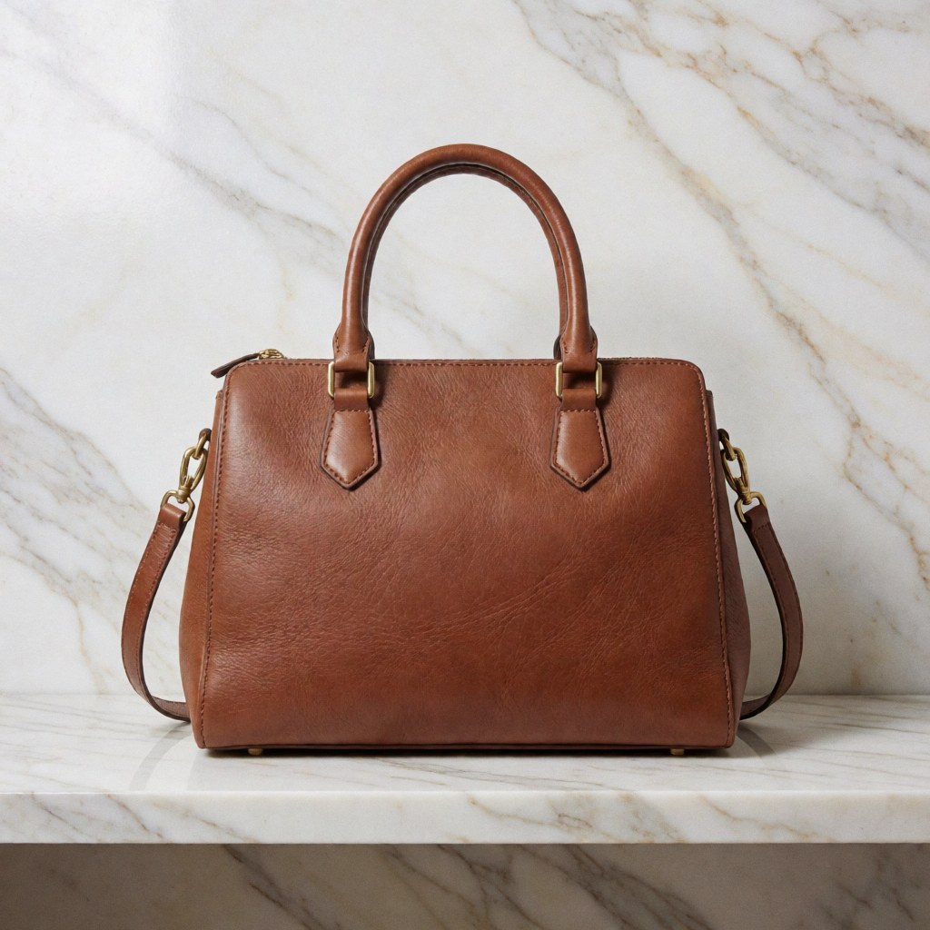 Un sac à main en cuir marron avec anses et bandoulière, photographié sur un fond de marbre blanc et gris veiné.
