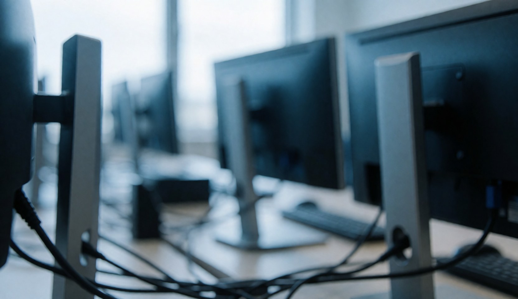 Vue rapprochée de plusieurs écrans d'ordinateur et de câbles sur des bureaux avec claviers dans un environnement de travail technologique.