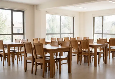 Salle à manger spacieuse avec tables et chaises en bois clair, grandes fenêtres laissant entrer la lumière naturelle et sol poli, idéale pour réunions ou événements.