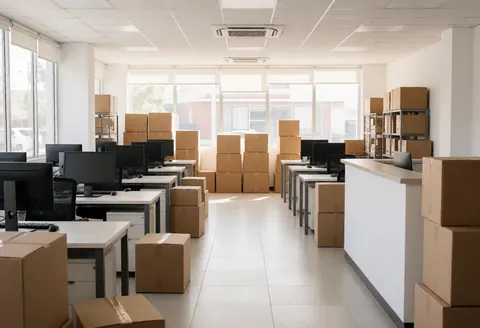 Bureau vide équipé de bureaux, écrans et piles de cartons prêts à être déplacés pour un déménagement professionnel.