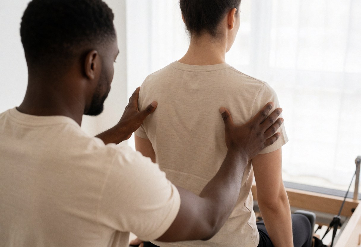 Un thérapeute ajuste la posture d'une personne assise sur un appareil de reformer dans un studio.