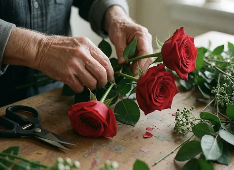 Gros plan de mains âgées travaillant avec des roses rouges sur une table en bois avec des ciseaux.