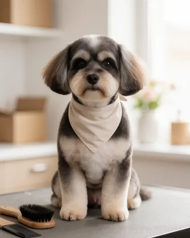Un petit chien au pelage fraîchement coupé et portant un bandana blanc est assis sur une table de toilettage.