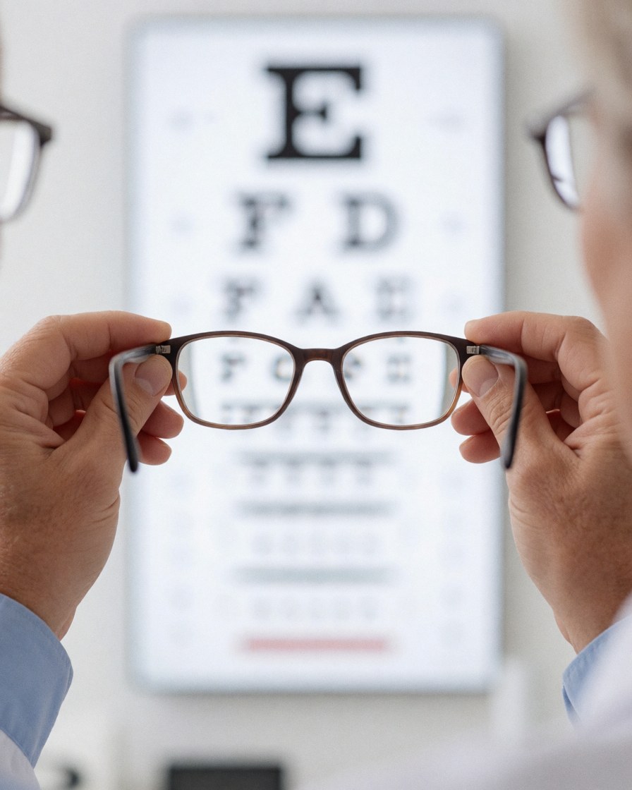 Mains tenant une paire de lunettes devant un tableau de test visuel pour vérifier l'acuité oculaire en milieu professionnel.
