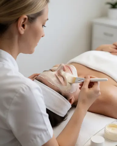 Une esthéticienne applique délicatement un masque facial sur le visage d'une cliente allongée sur une table de massage dans un salon de beauté.