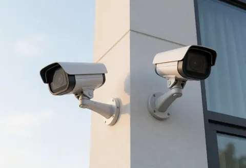 Deux caméras de surveillance montées sur le mur extérieur d'un bâtiment moderne sous le soleil.
