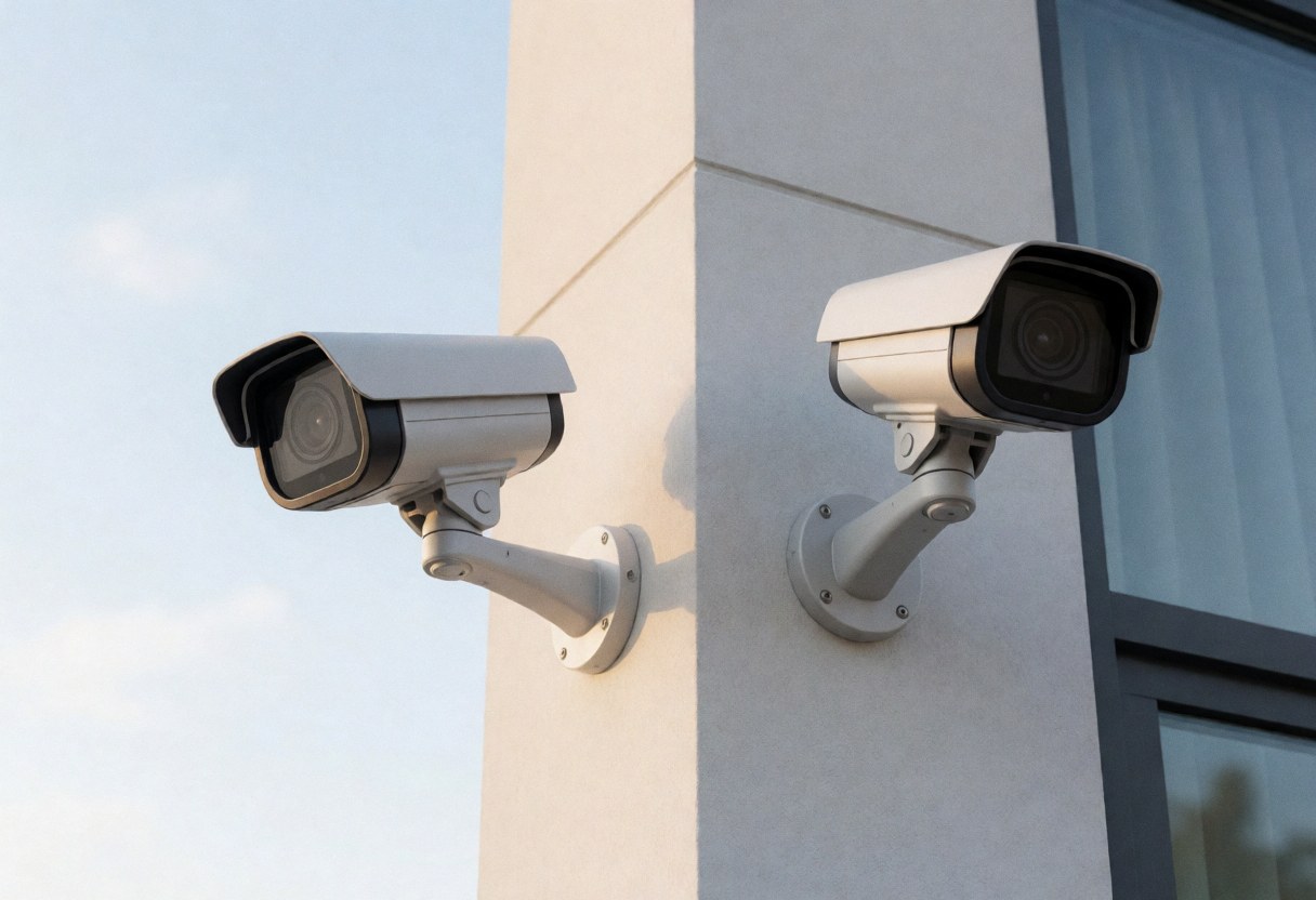 Deux caméras de surveillance montées sur le mur extérieur d'un bâtiment moderne sous le soleil.