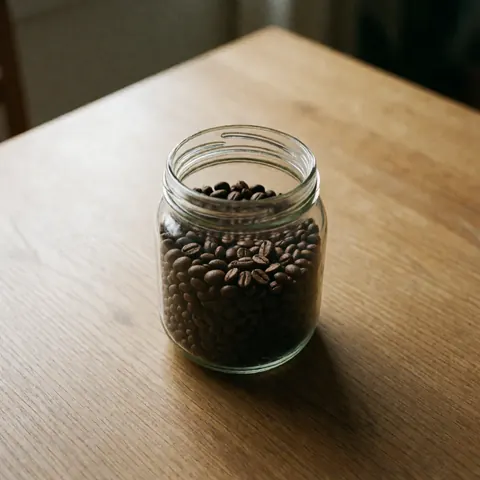 Des grains de café torréfiés sont disposés à l'intérieur d'une jarre en verre posée sur une table en bois.