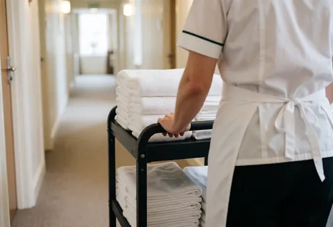 Un employé masculin pousse un chariot chargé de serviettes blanches dans un couloir d'hôtel.