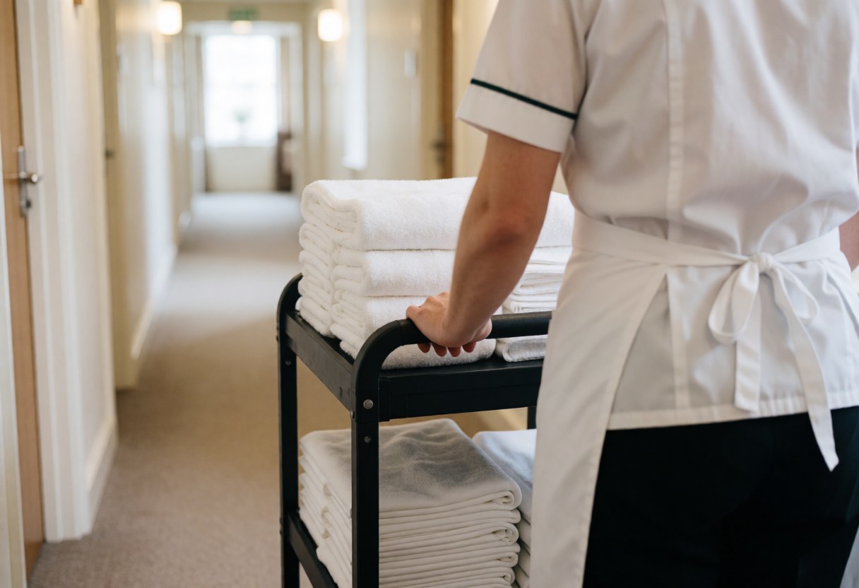 Un employé masculin pousse un chariot chargé de serviettes blanches dans un couloir d'hôtel.