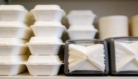 Des boîtes alimentaires et des distributeurs de serviettes posés sur un comptoir de restaurant, offrant un fond neutre adapté à la mise en page.
