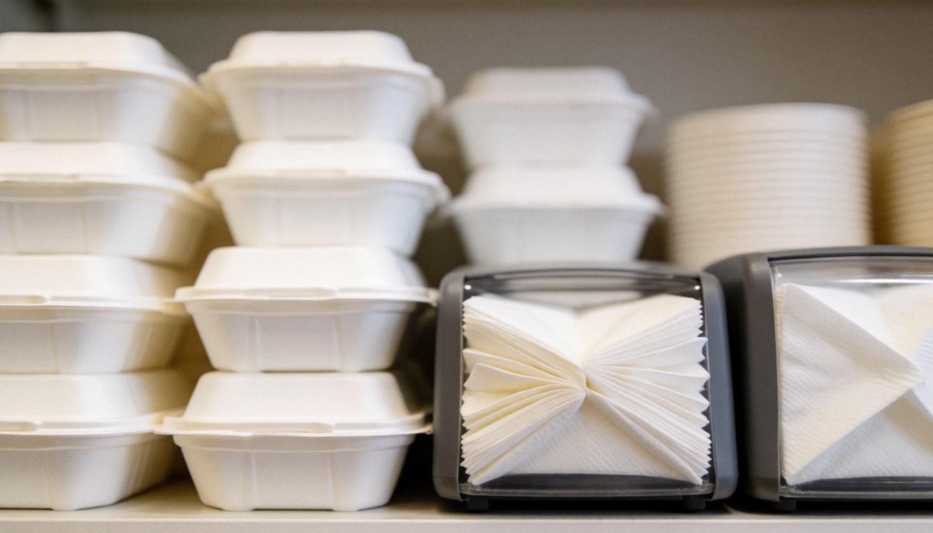 Des boîtes alimentaires et des distributeurs de serviettes posés sur un comptoir de restaurant, offrant un fond neutre adapté à la mise en page.