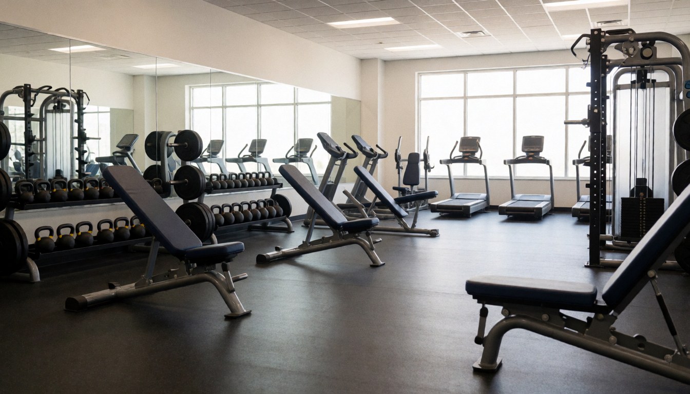 Intérieur d'une salle de fitness contemporaine avec bancs, haltères et machines d'entraînement pour la musculation.
