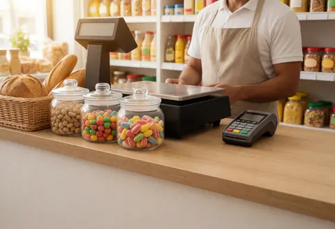 Un employé masculin adulte aide un client à effectuer un paiement par carte bancaire dans une épicerie.