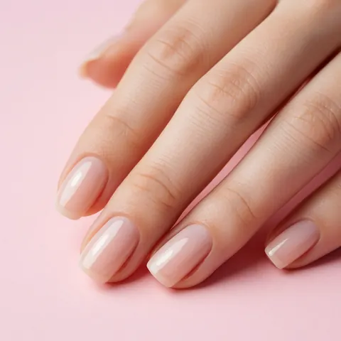 Mains avec une manucure en gel couleur nude sur fond rose clair, ongles polis et brillants.