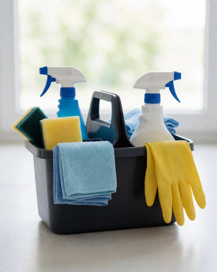 Panier noir contenant des produits d'entretien, des gants jaunes, des éponges et des serviettes pour le ménage.
