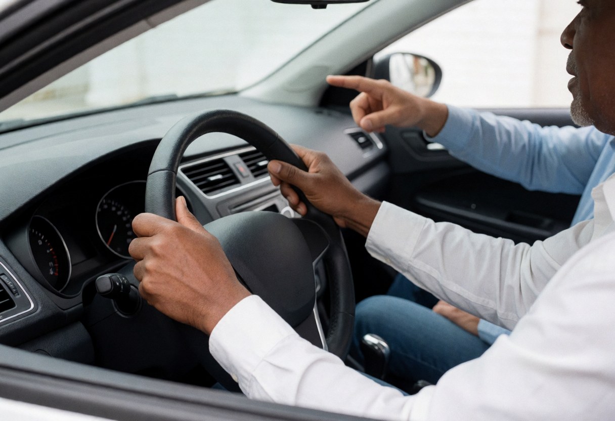 Un instructeur de conduite donne des instructions à un élève pendant qu'il conduit une voiture, avec une main sur le volant et l'autre pointant.