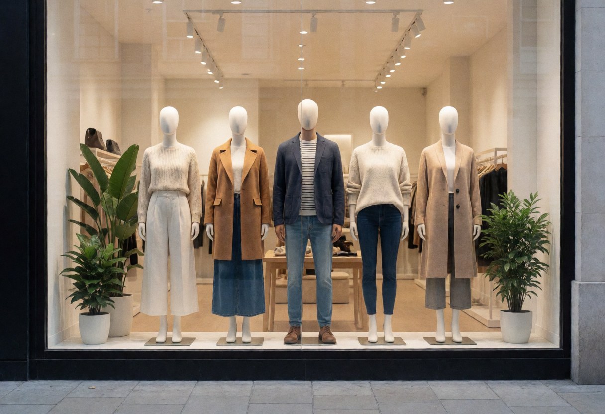 Façade d'un magasin de mode présentant des mannequins habillés de tenues tendance, décorés de plantes et éclairage intérieur chaleureux.
