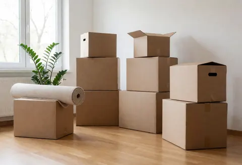 Plusieurs cartons de déménagement empilés au sol dans une pièce vide avec parquet et plante près de la fenêtre.