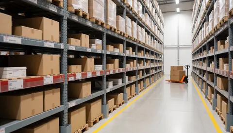 Entrepôt logistique avec des étagères métalliques remplies de cartons et un chariot dans l'allée.
