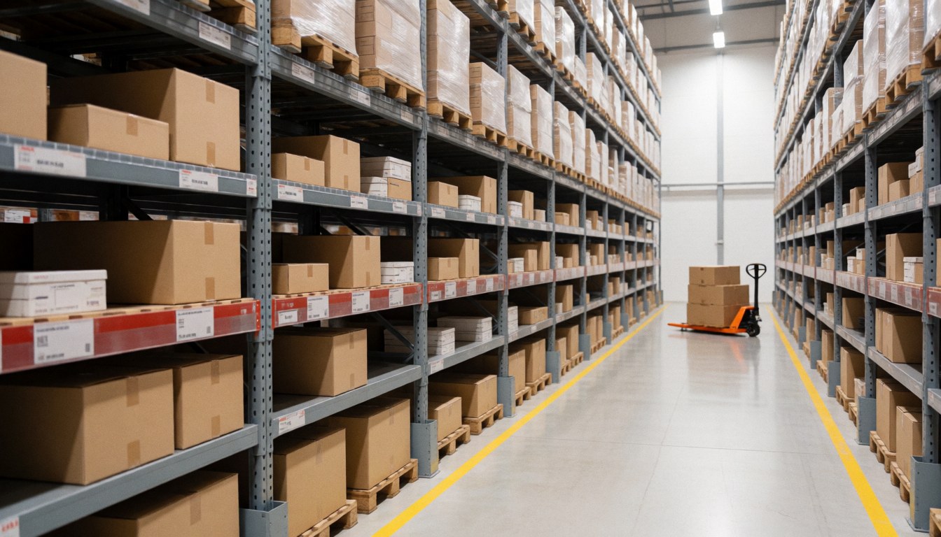 Entrepôt logistique avec des étagères métalliques remplies de cartons et un chariot dans l'allée.