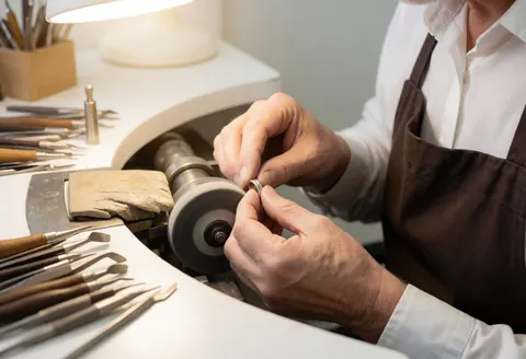 Un artisan bijoutier portant un tablier utilise une machine de polissage pour travailler une bague en argent, entouré d'outils sur son établi.