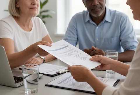 Trois personnes examinent des documents de proposition commerciale lors d'une réunion professionnelle autour d'une table avec un ordinateur portable et des verres d'eau.