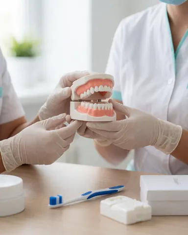 Deux professionnels en gants expliquent un modèle de dents sur une table avec brosse à dents et produits dentaires.