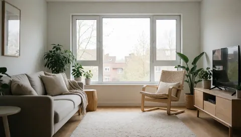 Vue d'ensemble d'un salon moderne avec canapé, chaise, plantes et fenêtre laissant entrer la lumière naturelle.