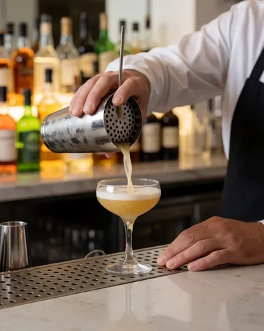 Un barman professionnel verse un cocktail à travers un filtre dans une grande coupe en verre, avec des bouteilles d'alcool visibles en arrière-plan sur le comptoir du bar.