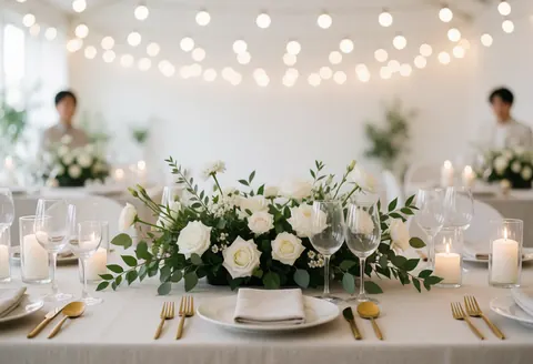 Table de mariage dressée avec un centre floral blanc, de la vaisselle, des verres et des bougies allumées sous l'éclairage d'une réception.