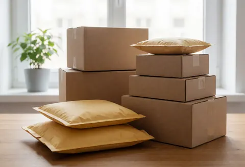 Des cartons et des enveloppes marron empilés sur une table en bois près d'une fenêtre avec une plante.