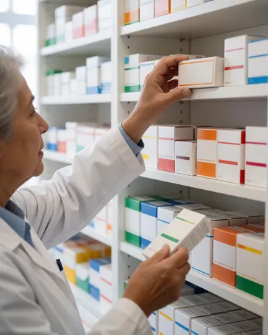 Une femme pharmaciste en blouse blanche examine des boîtes de médicaments disposées sur des rayonnages dans une pharmacie.