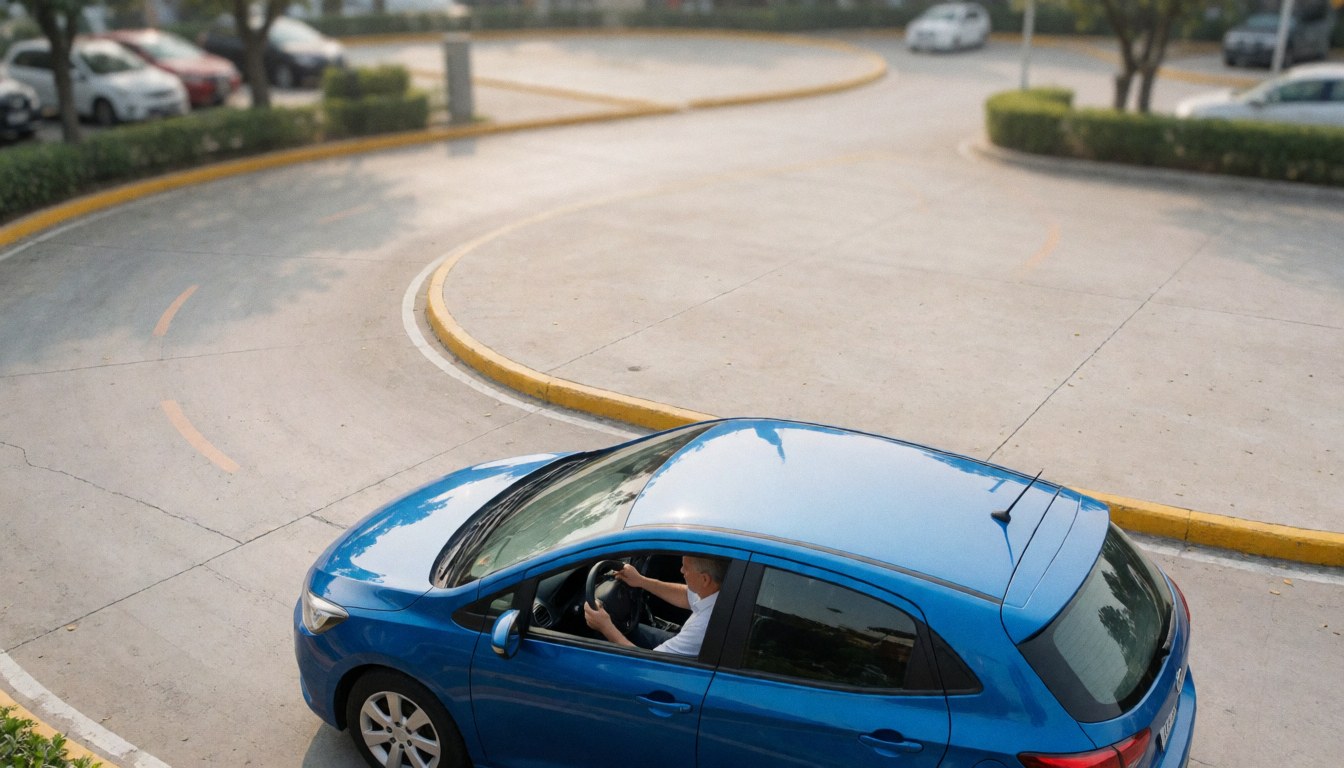 Vue aérienne d'un homme adulte mûr au volant d'une voiture bleue effectuant un exercice de conduite sur une voie marquée dans un parking extérieur.