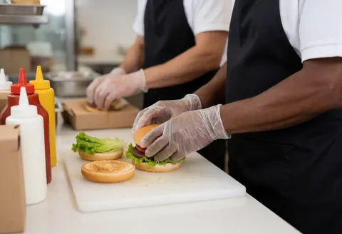 Deux hommes en tenue de cuisine portent des gants et préparent un burger avec de la viande et de la laitue sur un plan de travail.