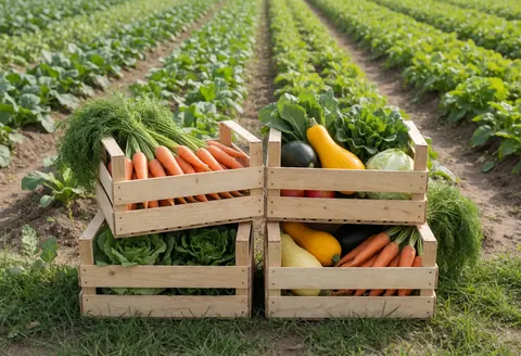 Des caisses en bois remplies de légumes frais comme des carottes, de la laitue et des courges dans un champ agricole.