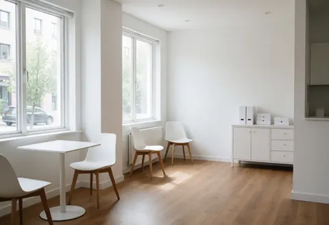 Vue intérieure d'un espace clinique lumineux et spacieux avec mobilier blanc, tables et chaises sous la lumière naturelle.