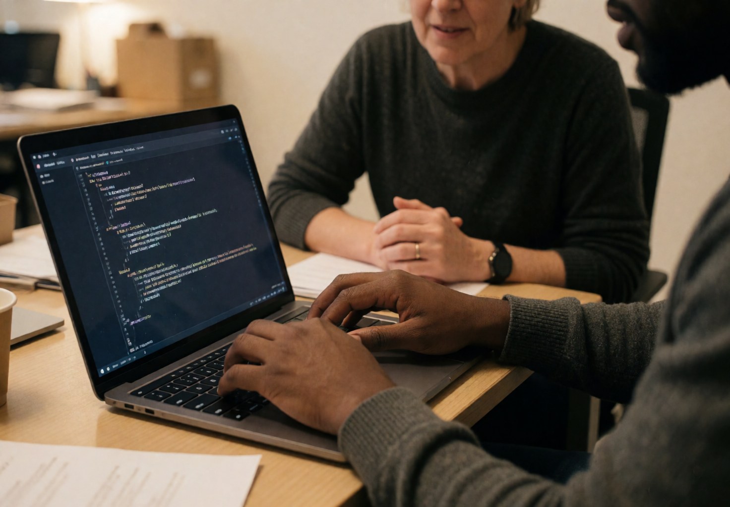 Un développeur travaille sur un ordinateur pendant qu'une cliente observe attentivement le code affiché à l'écran.